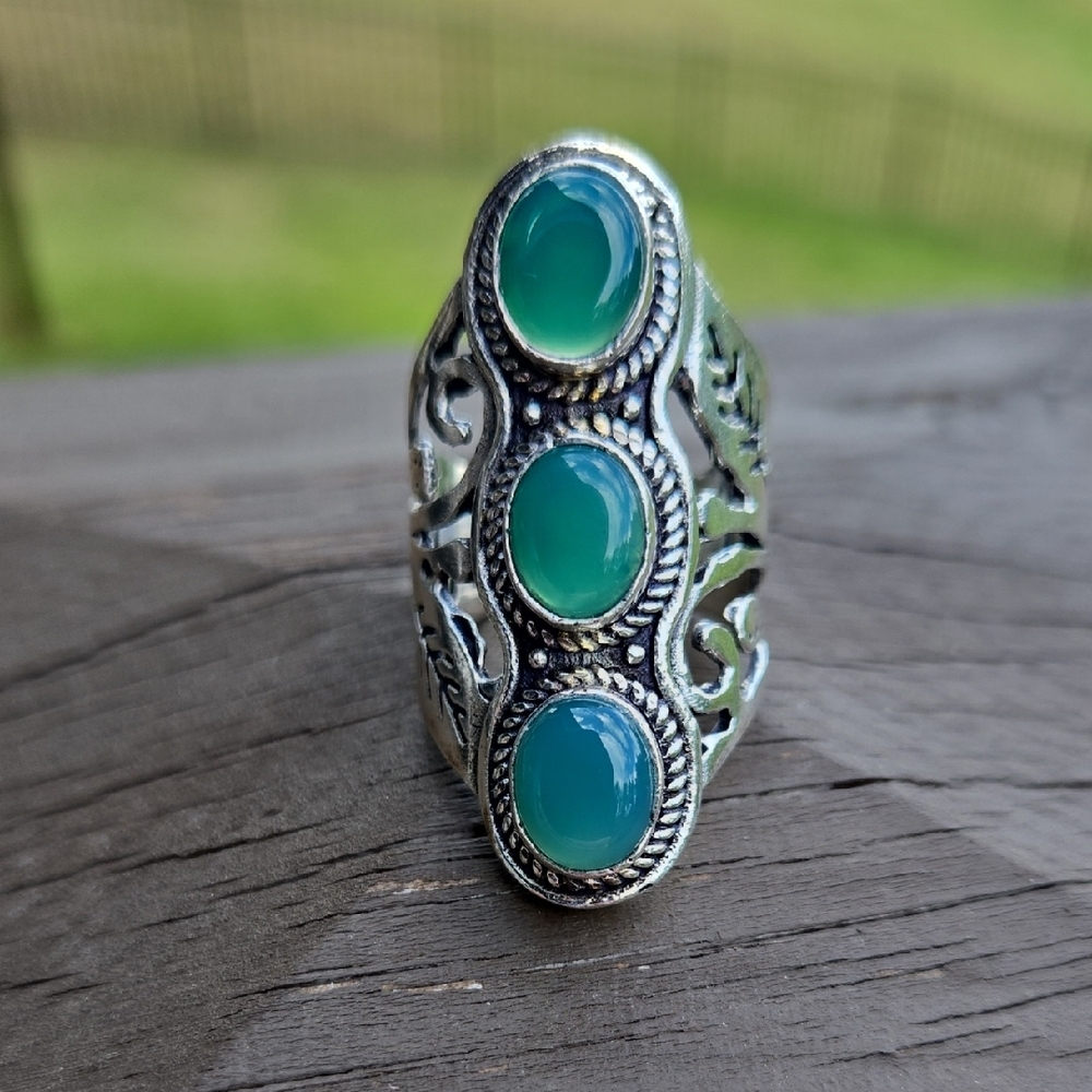 Triple Stone Green Onyx Sterling Ring